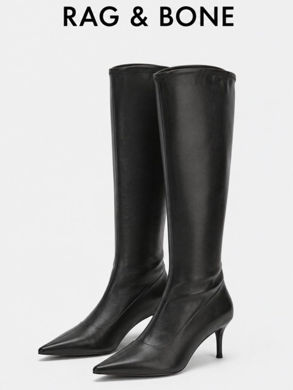 Rag & Bone Mercer Leather Knee High Boots Black Pointed Toe Kitten Heel EU 37